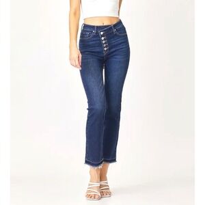 Risen Jeans Womens 11 30 Blue Denim Cropped Flare Button Fly Crossover High Rise